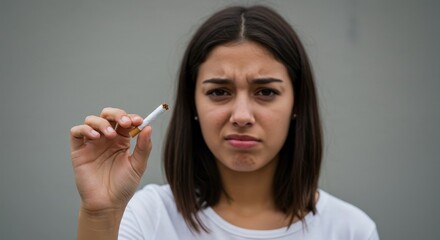 Obraz premium Breaking From Smoking - A young woman displays a broken cigarette, symbolizing quitting, determination, health, freedom
