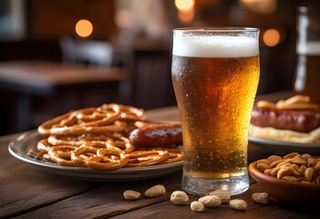 Cold glass of beer with frothy foam served with pretzels, peanuts, and sausages. Chilled draft beer and traditional bar snacks, perfect for Oktoberfest or happy hour. Golden beer with foam and snacks 