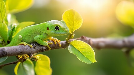 Green Lizard Resting on Branch Among Leaves