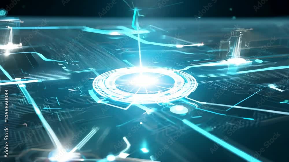 Poster futuristic circuit board with glowing center focus high-tech abstract visualization in 4k.