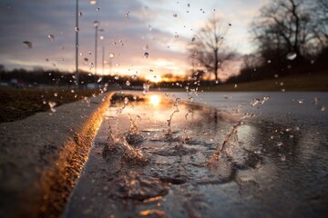 Puddle splash at sunset