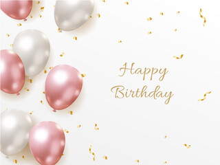 Elegant Birthday Greeting Card - Style Illustration with pink and Silver Balloons and Confetti, Displaying the Text "Happy Birthday to You" in a Graceful Font on a White Background