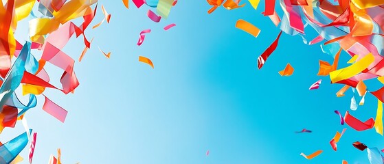 Colorful flags and ribbons hanging at the top, with empty space at the bottom, perfect for a festive celebration or holiday event announcement.