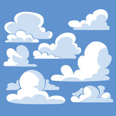 Fluffy white cartoon clouds against a bright blue sky.