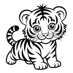 Fototapeta premium Baby Tiger Coloring Page, Silhouette, Vector, Illustration, Icon, Logo, White Background.