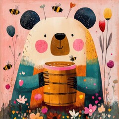In a meadow filled with vibrant flowers, a cartoon bear stands with a honey barrel, bees buzzing nearby. Sweetness of nature, a cheerful day.