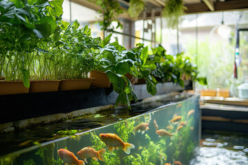 indoor aquaponics setup in modern home showing fish tank below and green leafy vegetables above, eco-friendly farming at small scale 