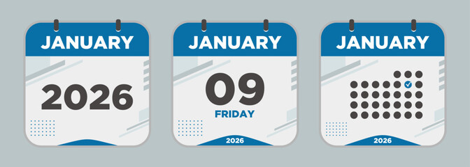 Modern Calendar icon. January. 2026 9 day. The concept of waiting for an important date. Day calendar with date January 9. Cheklist day calendar. Vector illustration.