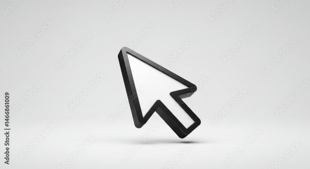 Poster 3d computer mouse cursor icon with black frame and white interior, floating on a plain white backgro