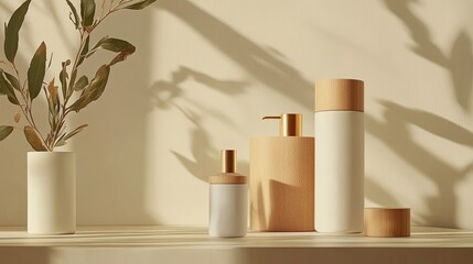 Sleek advertisement featuring matte finish product bottles with warm wood tops, arranged in a minimalist warm beige setting with golden reflections.