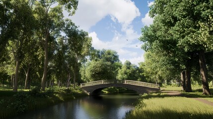 Fototapeta premium A quaint arched bridge in a quiet park, spanning a meandering river, with tall trees and grassy banks creating a serene atmosphere. 