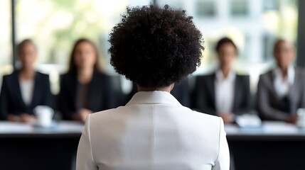 A Black Woman Presenting to a Panel of Businesswomen