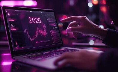 A hand hovers over a laptop screen displaying 2026 financial data and a stock chart