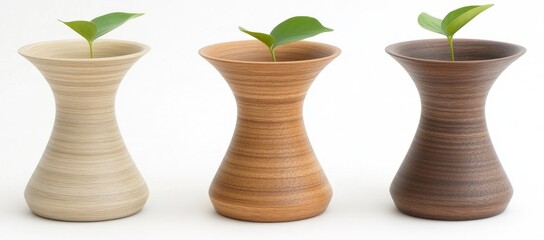 Three Wooden Vases with Plants