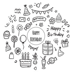 Set of Happy Birthday doodles. Sketch of decoration, gift box, cake, party hats. Hand drawn illustration