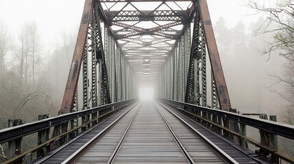 Fototapeta premium A quiet, fog-covered bridge stretching into a white void, its rails and path fading softly into the mysterious mist ahead. 