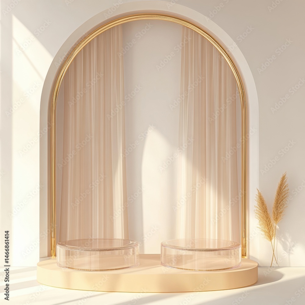 Poster minimalist product display showcasing two clear pedestals against a neutral archway with draped curt