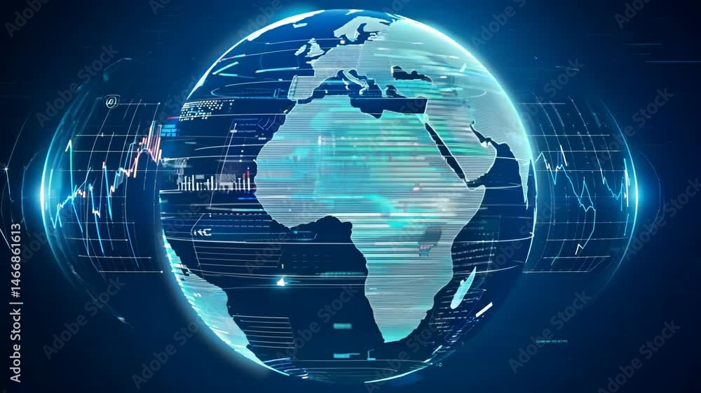 Poster digital globe spinning with data overlays | earth visualization 4k.