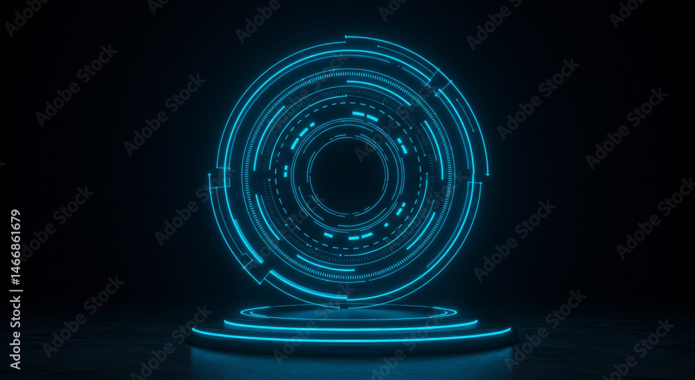 Poster abstract glowing circle graphic display on dark background. a futuristic, illuminated, circular grap