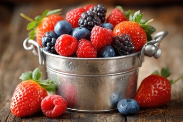 Freshly picked berries in a small metal bowl