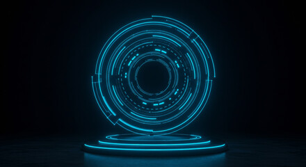 Abstract glowing circle graphic display on dark background. A futuristic, illuminated, circular graphic design with concentric rings and lines, centered on a platform, against a dark backdrop.