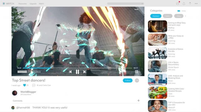 Social Media Video Sharing Platform User Interface on White Background. Computer Screen Replacement Template with Street Dance Performance with Diverse Dancers. Energetic Choreography is Shared Online