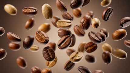 Obraz premium Promotional photo of coffee beans floating on a transparent background. They seem to float in the air, plunging into a world of transparency.