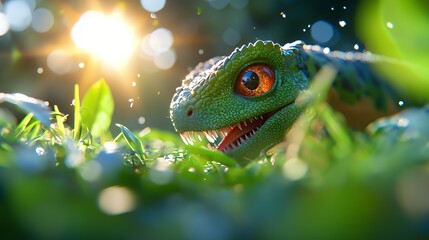 Green Reptilian Creature in Grassy Field with Sunlit Background