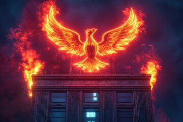 Fototapeta premium Fiery phoenix neon sign atop a building, engulfed in flames, symbolic of rebirth and power.