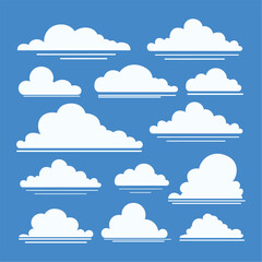 A collection of fluffy white cartoon clouds against a blue sky.