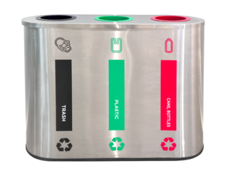 Stainless steel trash bin. Three connected container garbage classification bin. 