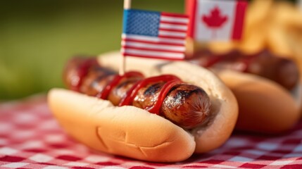 A grilled hot dog with ketchup in a bun, topped with American and Canadian flags, sits on a checkered picnic tablecloth outdoors.