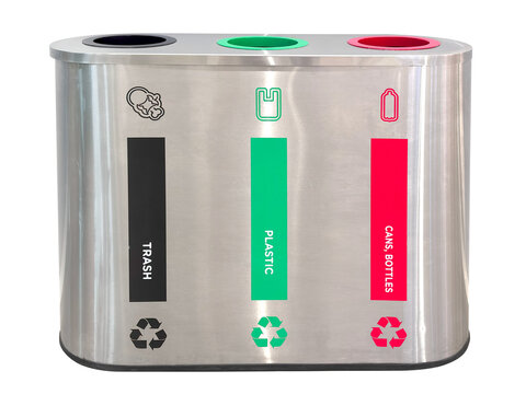 Stainless steel trash bin. Three connected container garbage classification bin. 