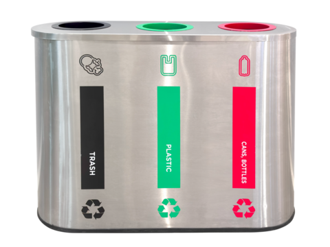Stainless steel trash bin. Three connected container garbage classification bin. 