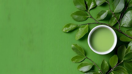 Green Tea Drink and Fresh Leaves on a Solid Green Background