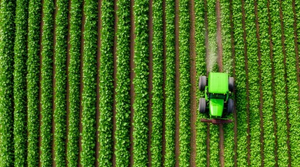 Green Tractor Farming Fields Aerial View Agricultural Landscape