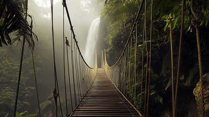 A rickety rope bridge crossing a misty jungle canyon, its planks leading toward a majestic waterfall obscured by rising mist and dense foliage.  