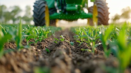 Green Tractor in Farm Field with Young Plants Agricultural Landscape