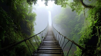 Obraz premium A rickety rope bridge crossing a misty jungle canyon, its planks leading toward a majestic waterfall obscured by rising mist and dense foliage. 