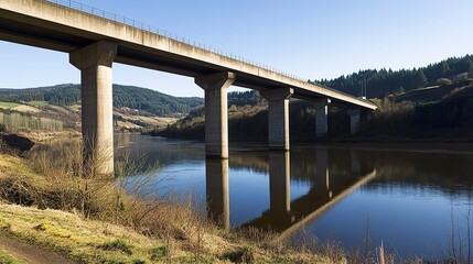 A reinforced concrete road bridge with sleek, solid piers, spanning a calm river, showcasing modern engineering. Bright daylight, clear sky 