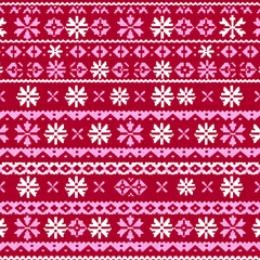 Cranberry-Lilac Fair Isle snowflake fabric with Nordic charm pattern.