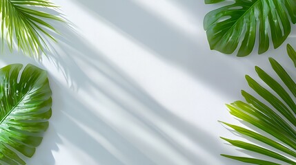 Green Tropical Leaves on White Background with Shadow Play for a Natural Look