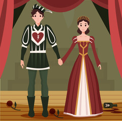 vector illustration. medieval theater. staging of Shakespeare's play. Romeo and Juliet.
