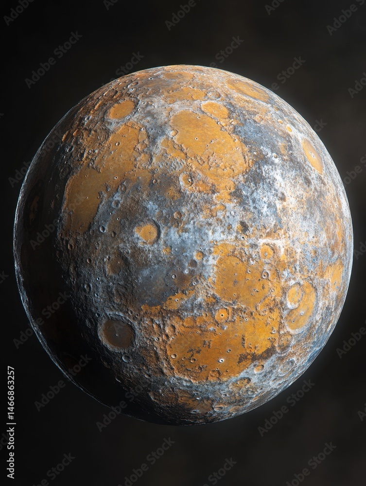 Poster dramatic close-up of a desolate planet with craters and varied terrain in a dark space environment