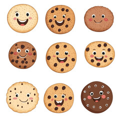 Obraz premium Charming cartoon cookies with happy faces in grid layout, showcasing various flavors and textures, perfect for dessert lovers