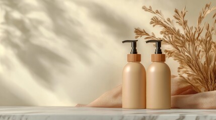 Two minimalist matte pump bottles placed with symmetry on a creamy marble surface, featuring warm wooden accents and soft fabric in the background.