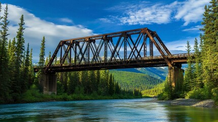 Obraz premium A robust steel railway bridge crossing a river, its solid beams and tracks blending with the natural surroundings of forested banks. 