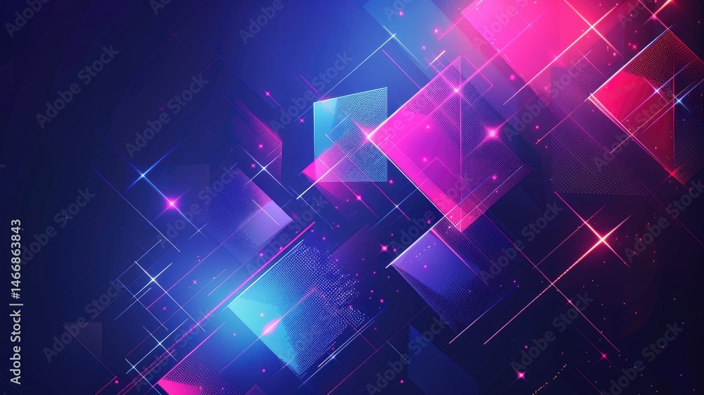 Poster abstract artwork of glowing light of geometric shapes floating and scattering at dark space backgrou