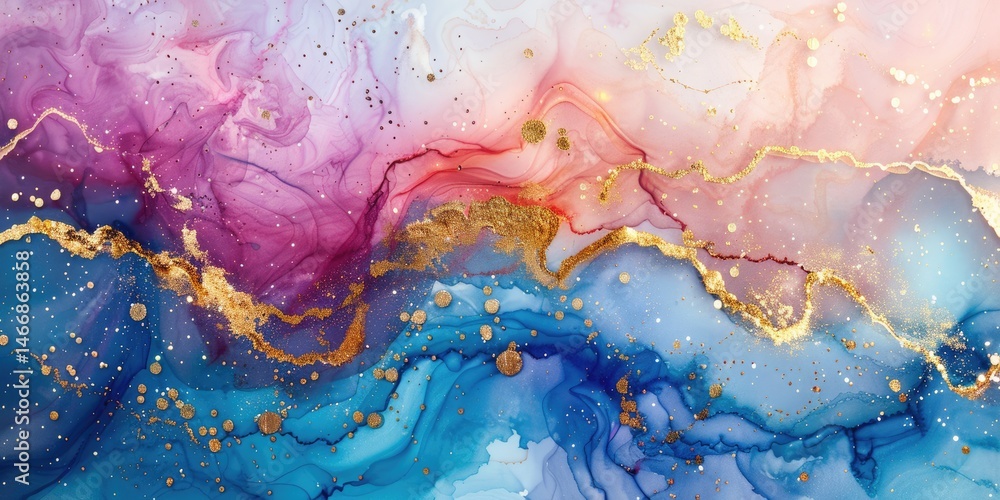 Aufkleber the close up abstract picture of the blue and pink colour mixing each other with gold color inside m