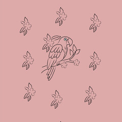 Colorful Cartoon Parrots, Flowers, and Leaves on White Background